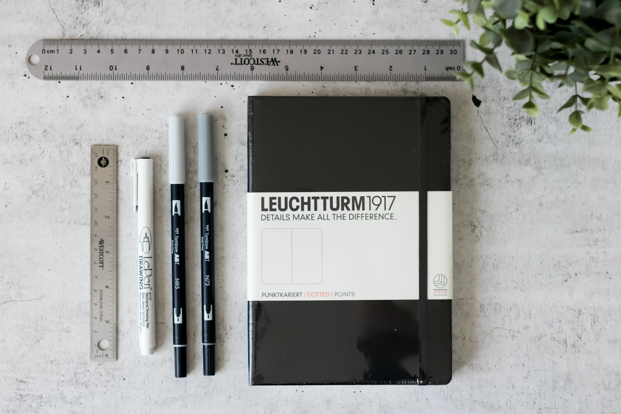 bullet journal supplies leuchtturm1917 dotted tombow abt dual brush pen ruler marvy le pen drawing pen