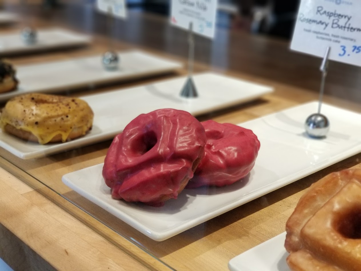 Raspberry Rosemary Buttermilk Donut at Blue Star Donuts in Portland Oregon.