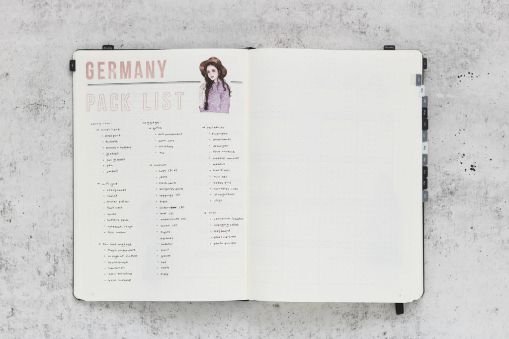 bullet journal packing list for a trip to Germany featuring a girl in a hat and several columns of items to pack