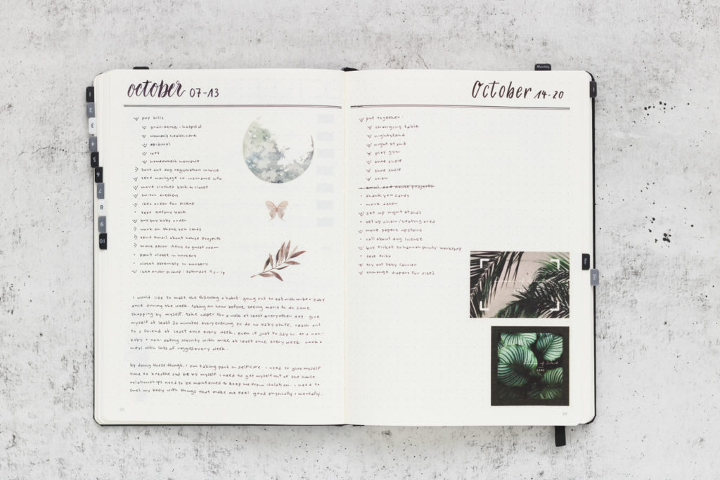 two page spread featuring daily entries that helped develop new layout. spreads are simple with minor foliage and moon embellishments.