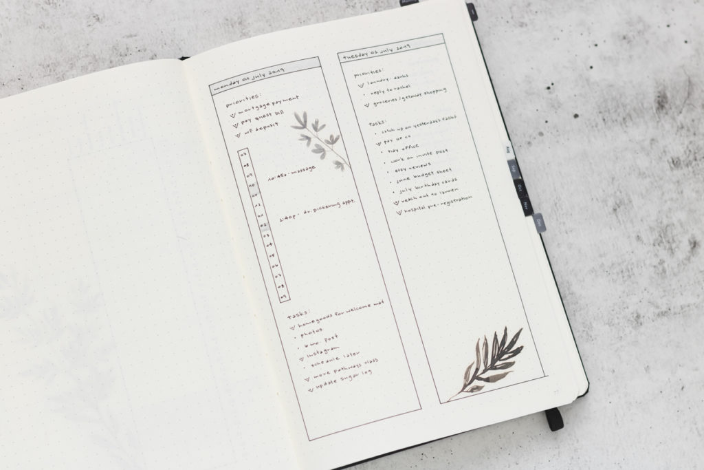 two column daily one page spread developed for 2019 bullet journal